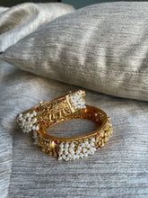 Load image into Gallery viewer, Antique Gold Stone Cuff Pearl Indian Asian Bangles Churiya 24k Shiny Gold | Gold Bangles