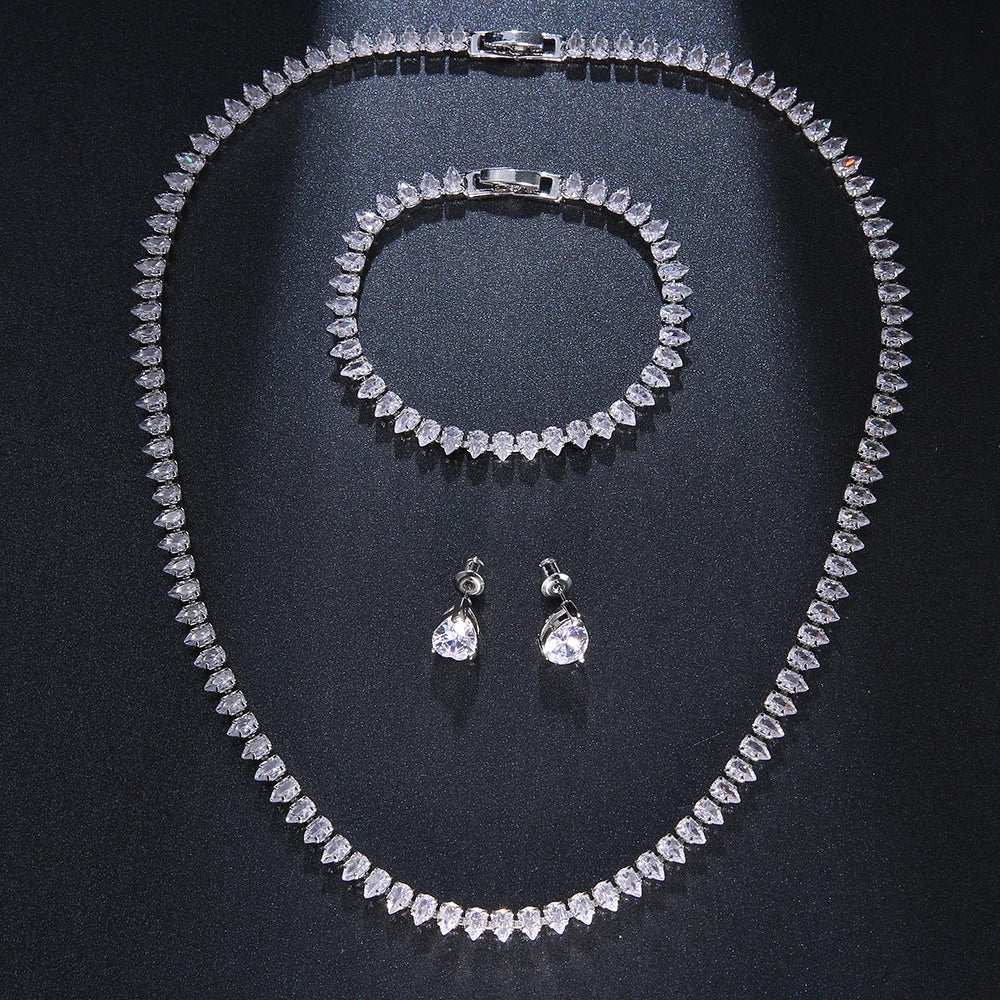 Gorgeous Cubic Zirconia White Gold Color Round Wedding Bridal Necklace Earrings