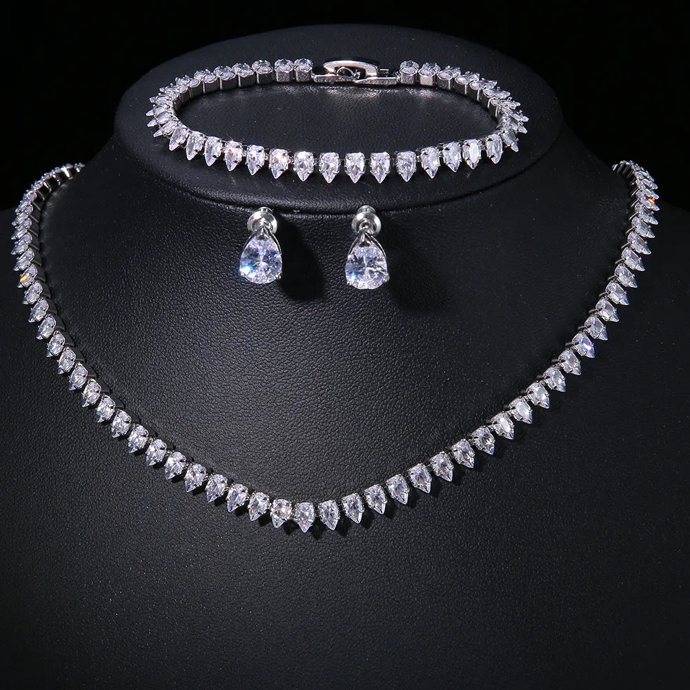 Gorgeous Cubic Zirconia White Gold Color Round Wedding Bridal Necklace Earrings