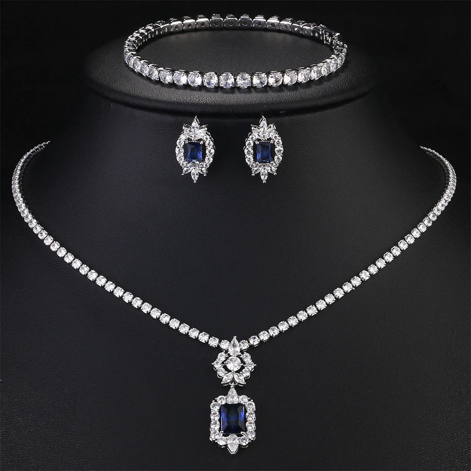 Luxury Clear Blue Zircon Geometric Water Drop Jewelry Set