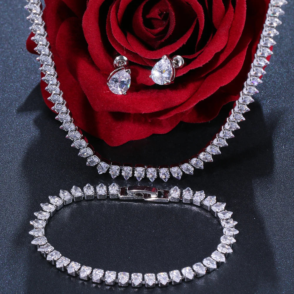 Gorgeous Cubic Zirconia White Gold Color Round Wedding Bridal Necklace Earrings