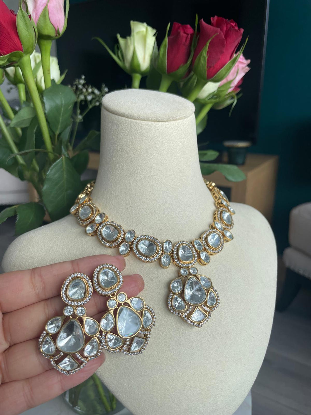 Gold Plated Moissanite Polki | Bridal Indian Necklace Jewelry Set