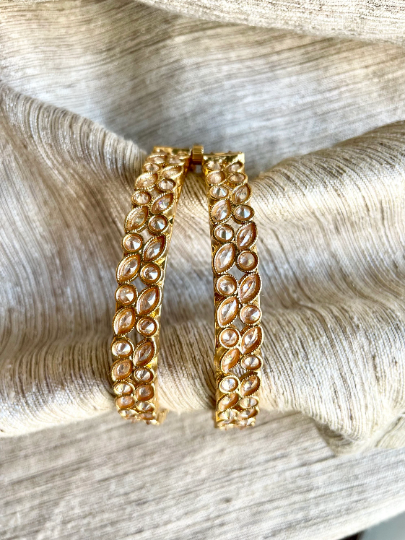 Antique Gold Stone Pearl Indian Bangles | 2 x Cuff Gold Bangles