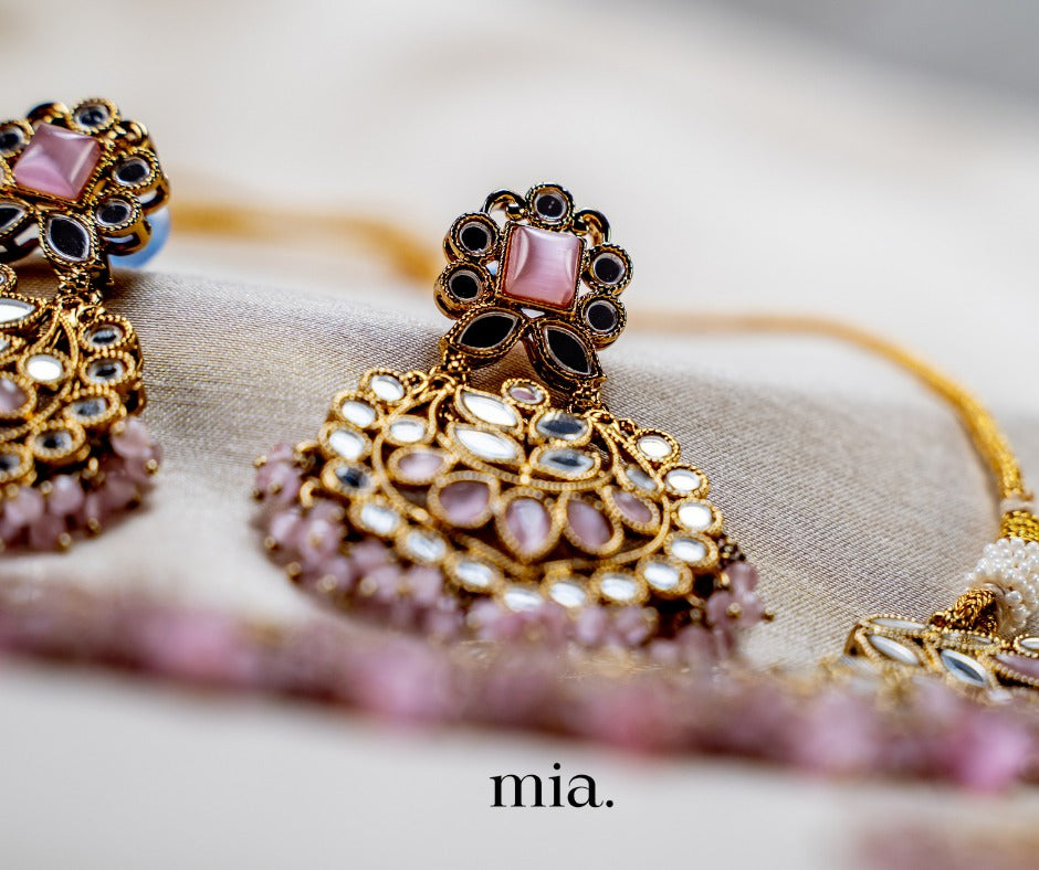 Antique Mirror Indian Wedding Jewellery set | Necklace Earrings Tikka