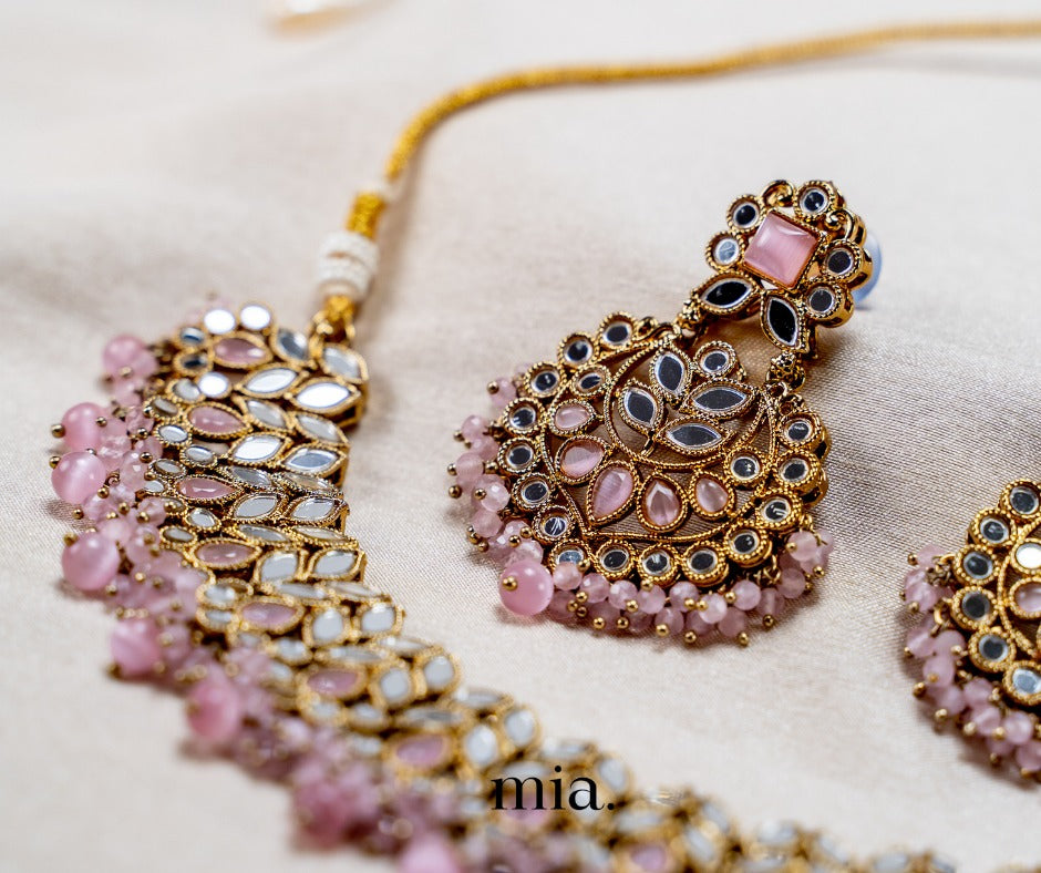 Antique Mirror Indian Wedding Jewellery set | Necklace Earrings Tikka