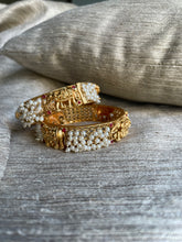 Load image into Gallery viewer, Antique Gold Stone Cuff Pearl Indian Asian Bangles Churiya 24k Shiny Gold | Gold Bangles
