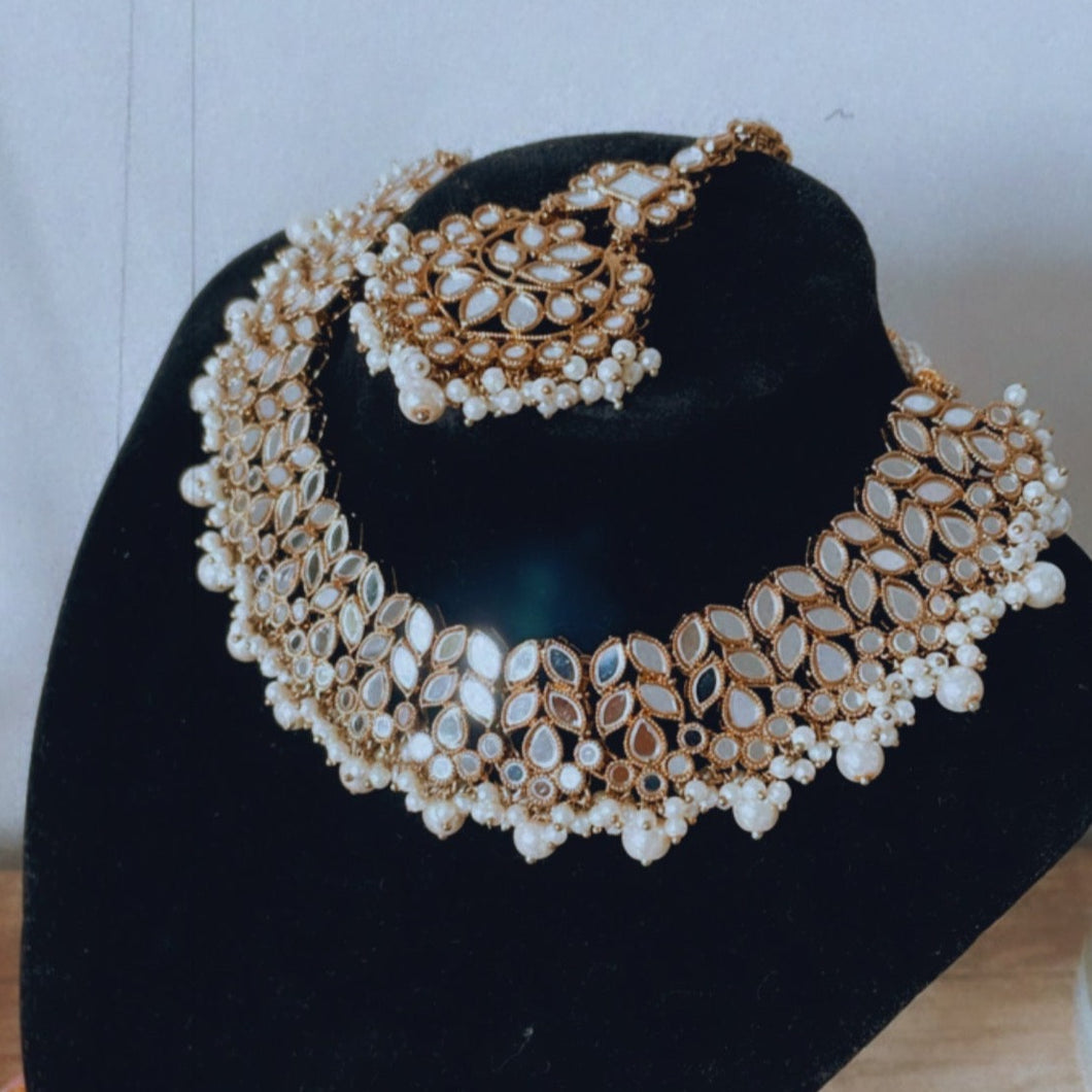 Antique Mirror Indian Wedding Jewellery set | Necklace Earrings Tikka