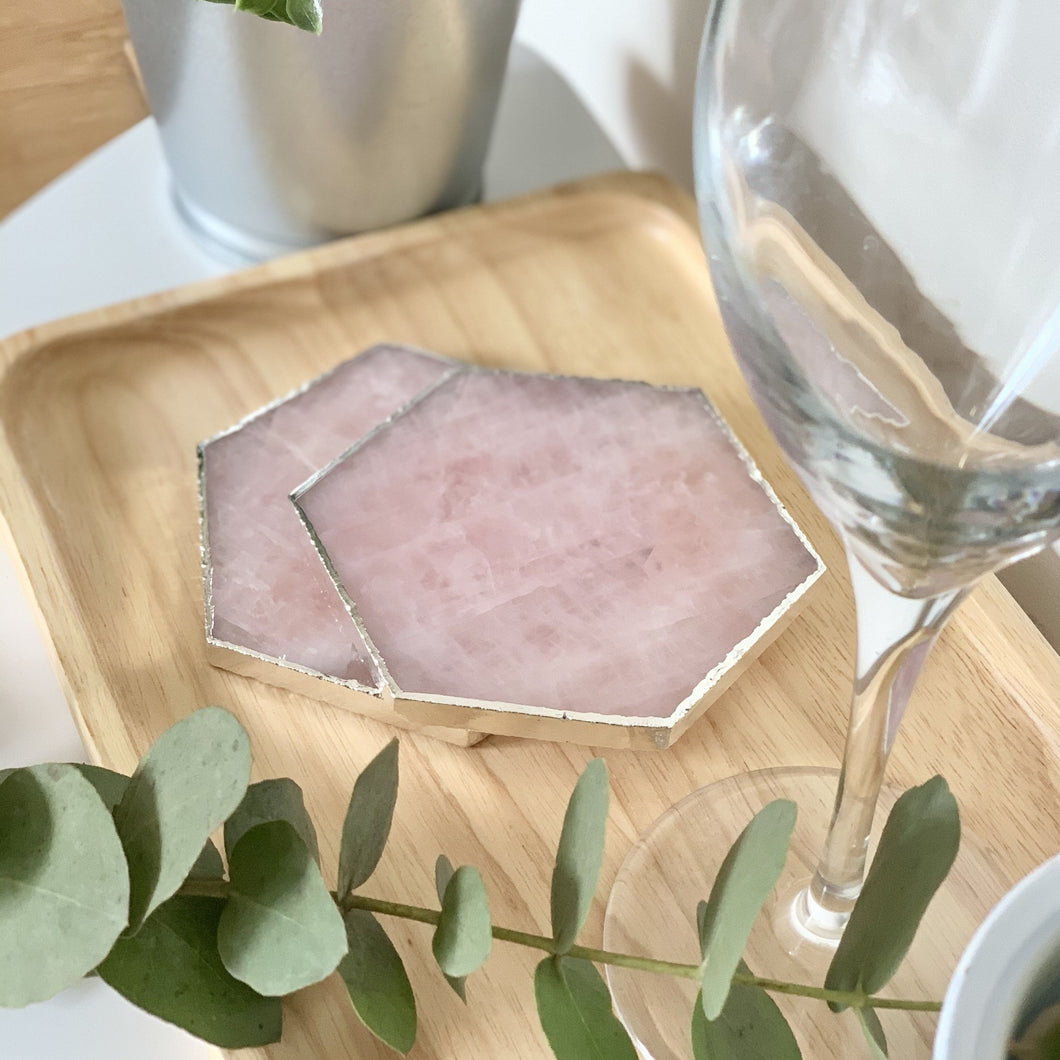 Hexagon Rose Quartz Natural Crystal Coaster | Pink Agate Coasters Gemstone Tableware |