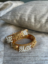 Load image into Gallery viewer, Antique Gold Stone Cuff Pearl Indian Asian Bangles Churiya 24k Shiny Gold | Gold Bangles
